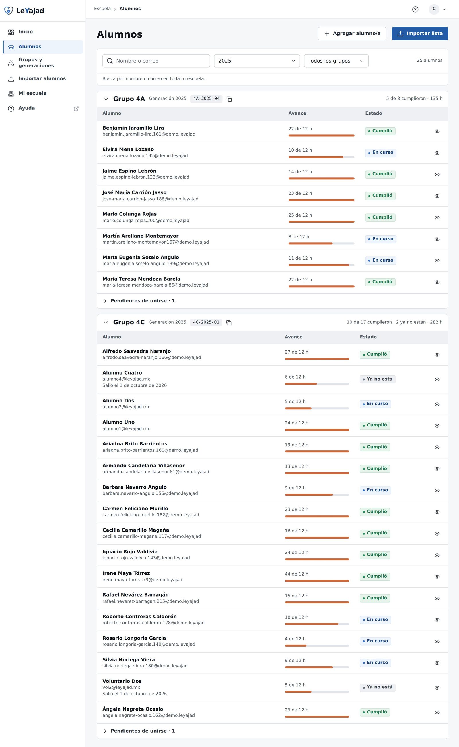 Lista de alumnos agrupada por salón, con buscador, filtros por generación y grupo, y por cada alumno su avance en horas y su estado; en el segundo grupo, dos alumnos con la pastilla «Ya no está» y la fecha en que salieron.