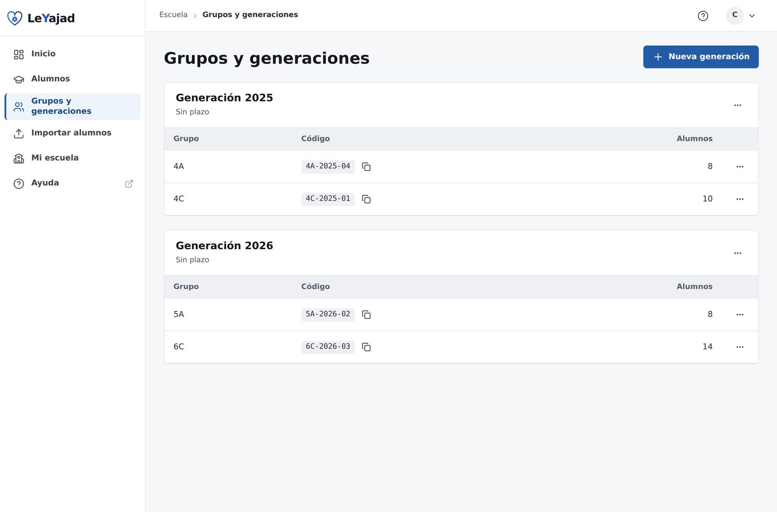 Pantalla de grupos y generaciones con dos generaciones, sus plazos, y los grupos de cada una con su código de afiliación y número de alumnos.