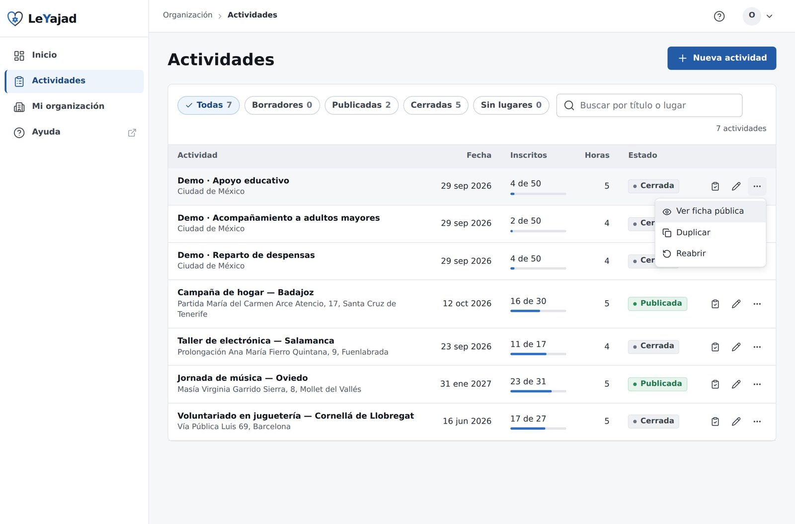 Menú abierto en una fila con las opciones Ver ficha pública, Duplicar y Cerrar.