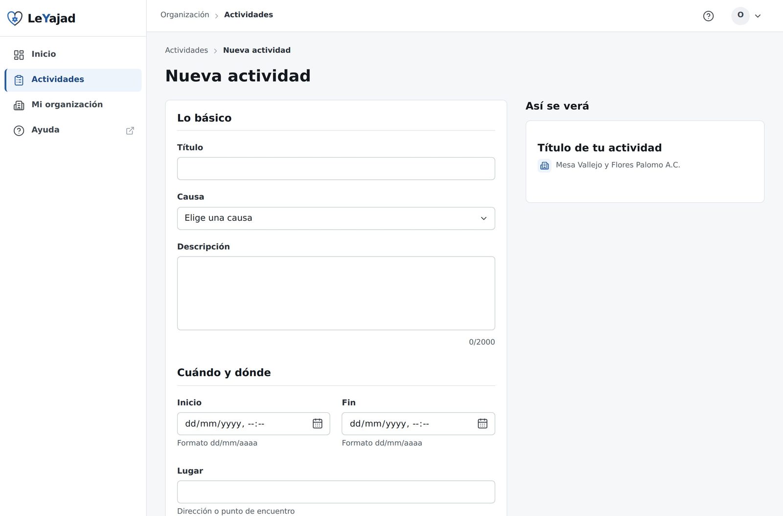 Formulario de nueva actividad vacío, con los bloques Lo básico, Cuándo y dónde, Lugares y horas, e Imagen.