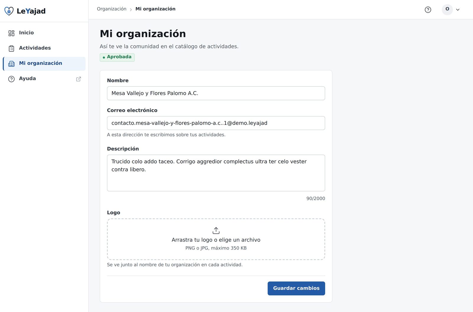 Pantalla Mi organización con el estado Aprobada, el nombre, el correo de contacto, la descripción y el área para subir el logo.