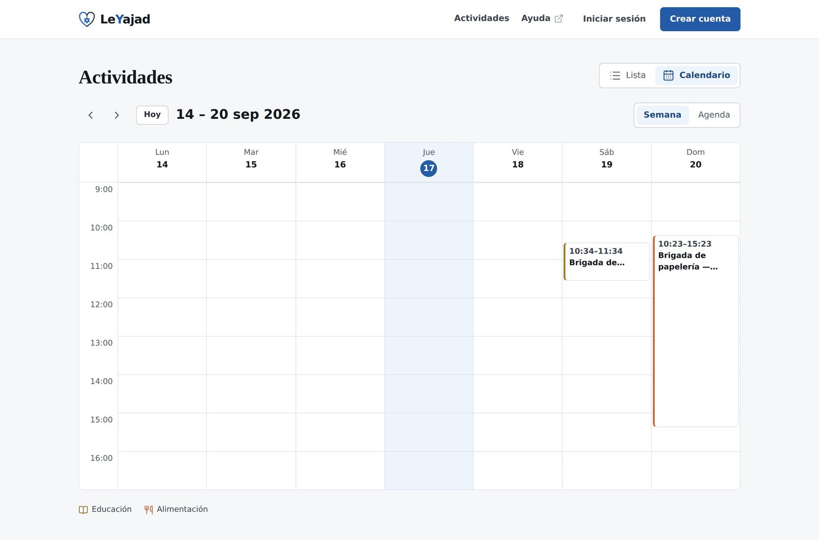 Vista semanal del calendario con dos actividades en su horario y el aviso de salto a la próxima semana con actividades.