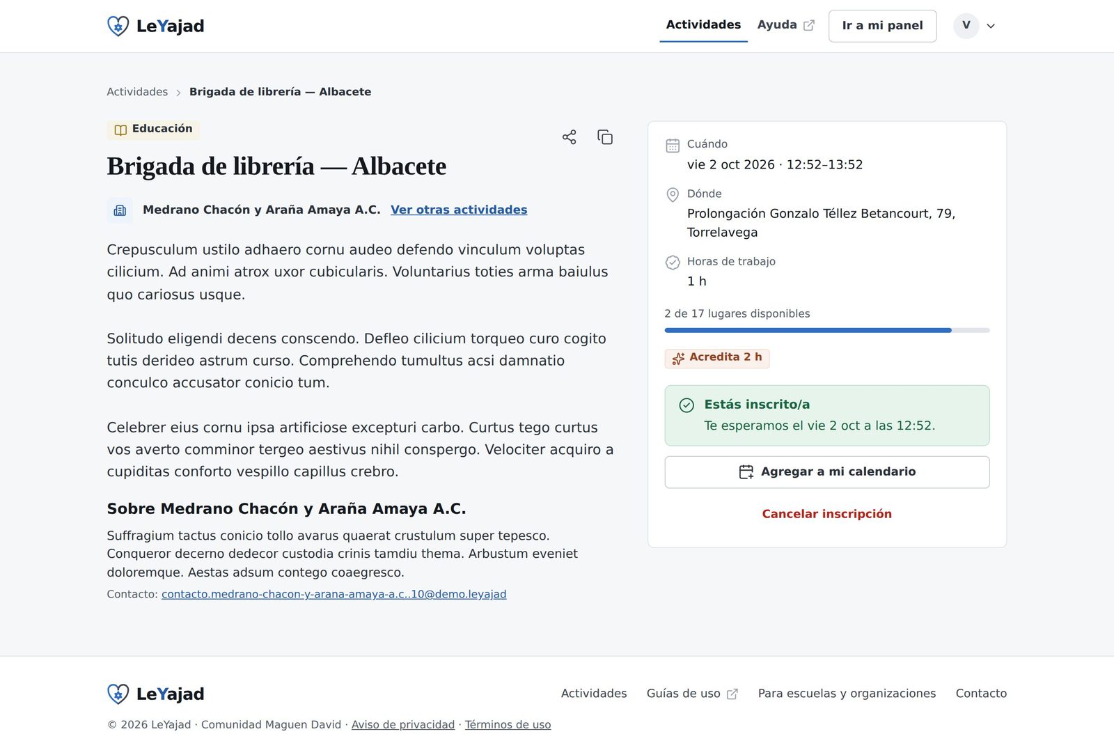 La ficha con el aviso verde «Estás inscrito/a», el botón de agregar a mi calendario y el enlace de cancelar inscripción.
