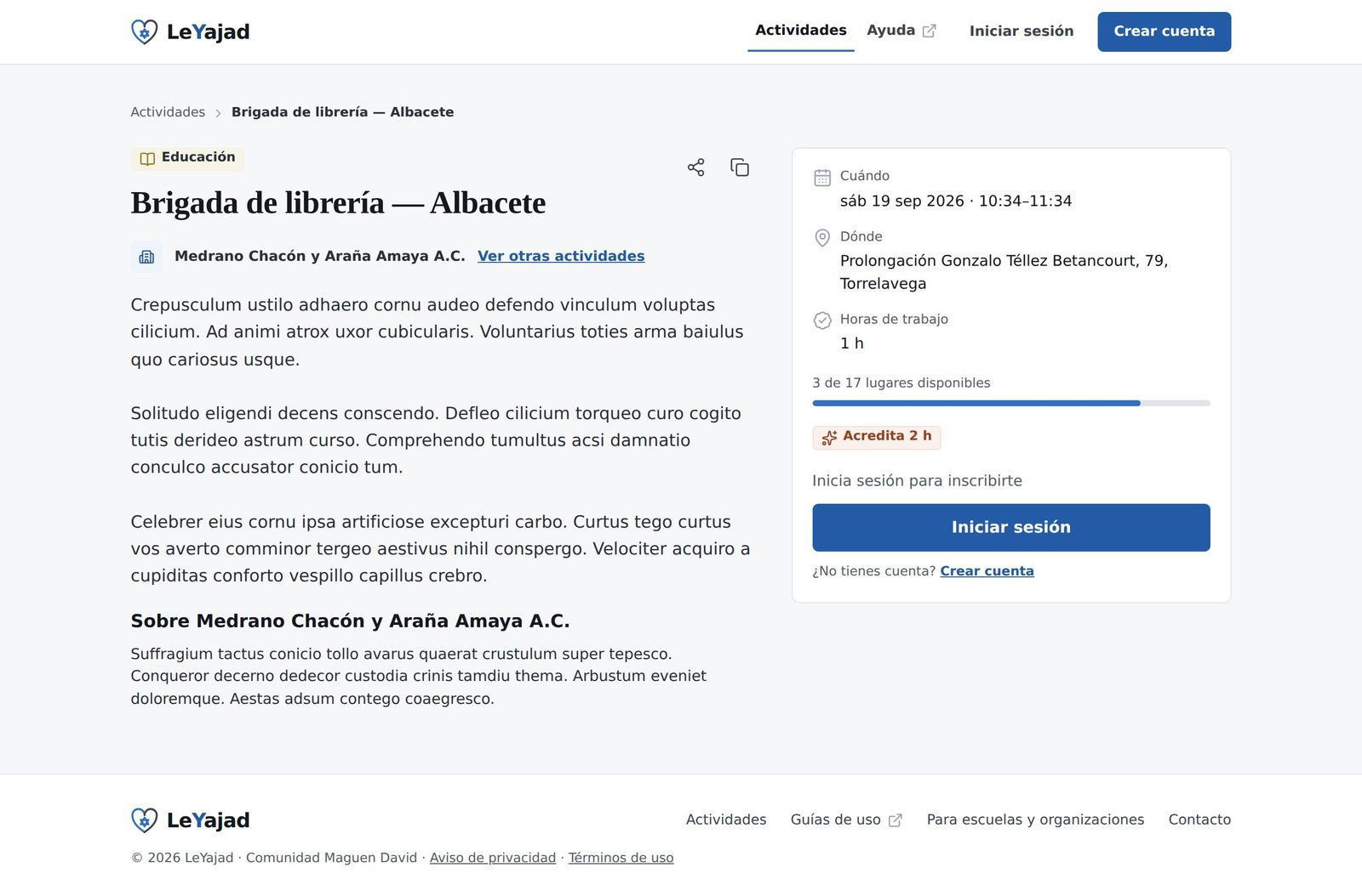 Ficha de una actividad vista sin haber iniciado sesión, con el panel lateral pidiendo iniciar sesión para inscribirse.