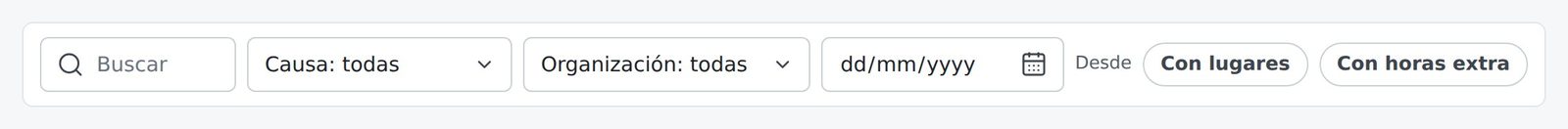 Barra de filtros con buscador, causa, organización, fecha desde, y los botones «Con lugares» y «Con horas extra».