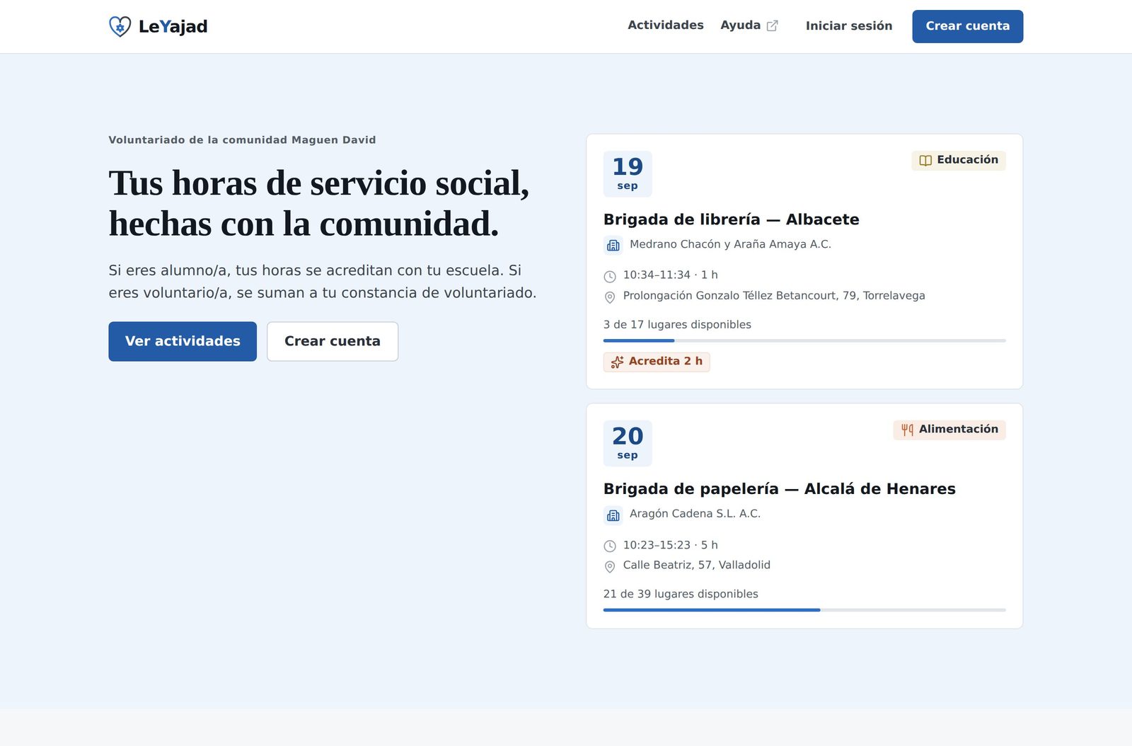 Portada de LeYajad con el título «Tus horas de servicio social, hechas con la comunidad» y dos tarjetas de actividades próximas.