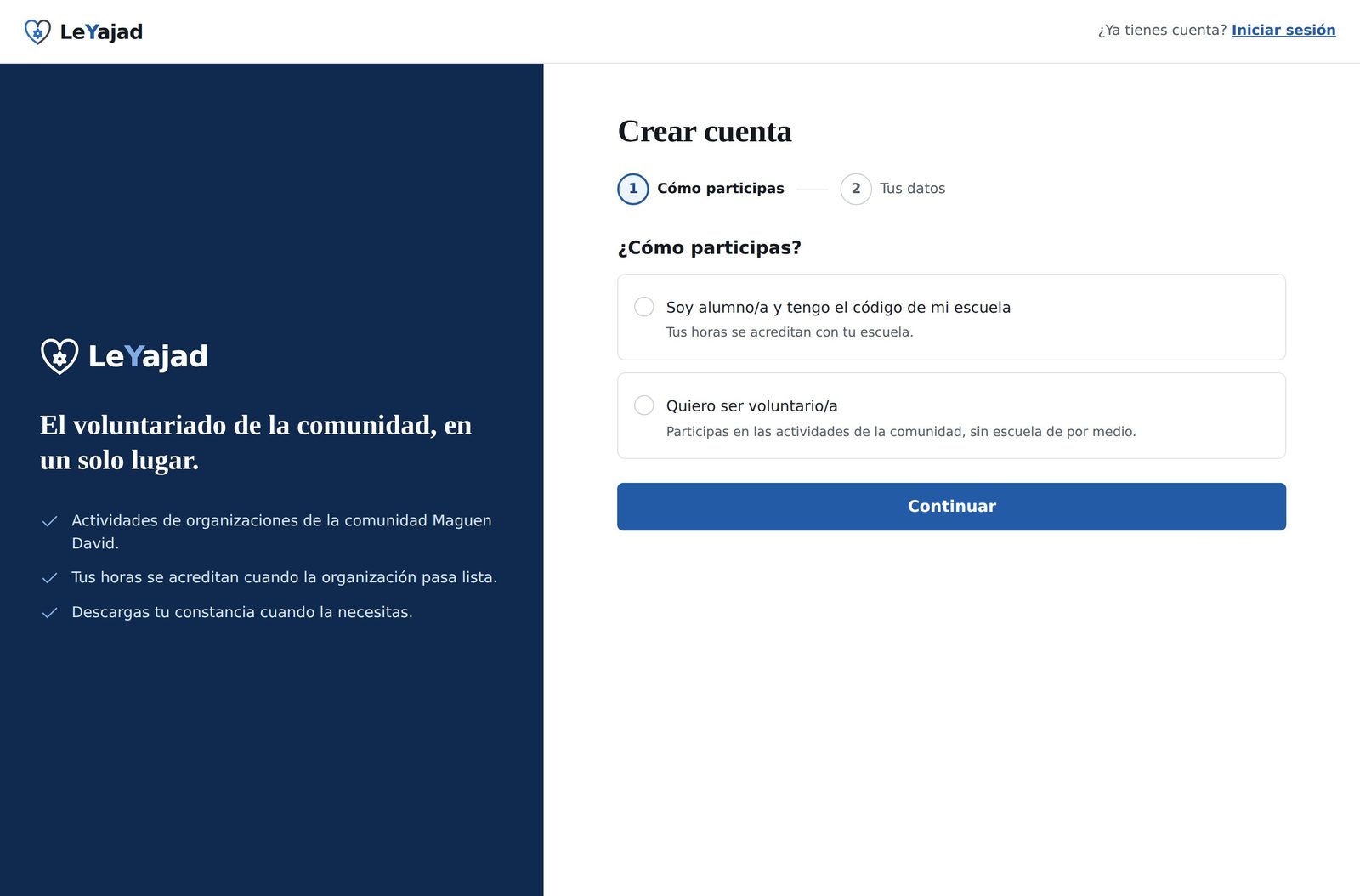 Primer paso del registro, con la opción de alumno con código de escuela y la opción de voluntario.