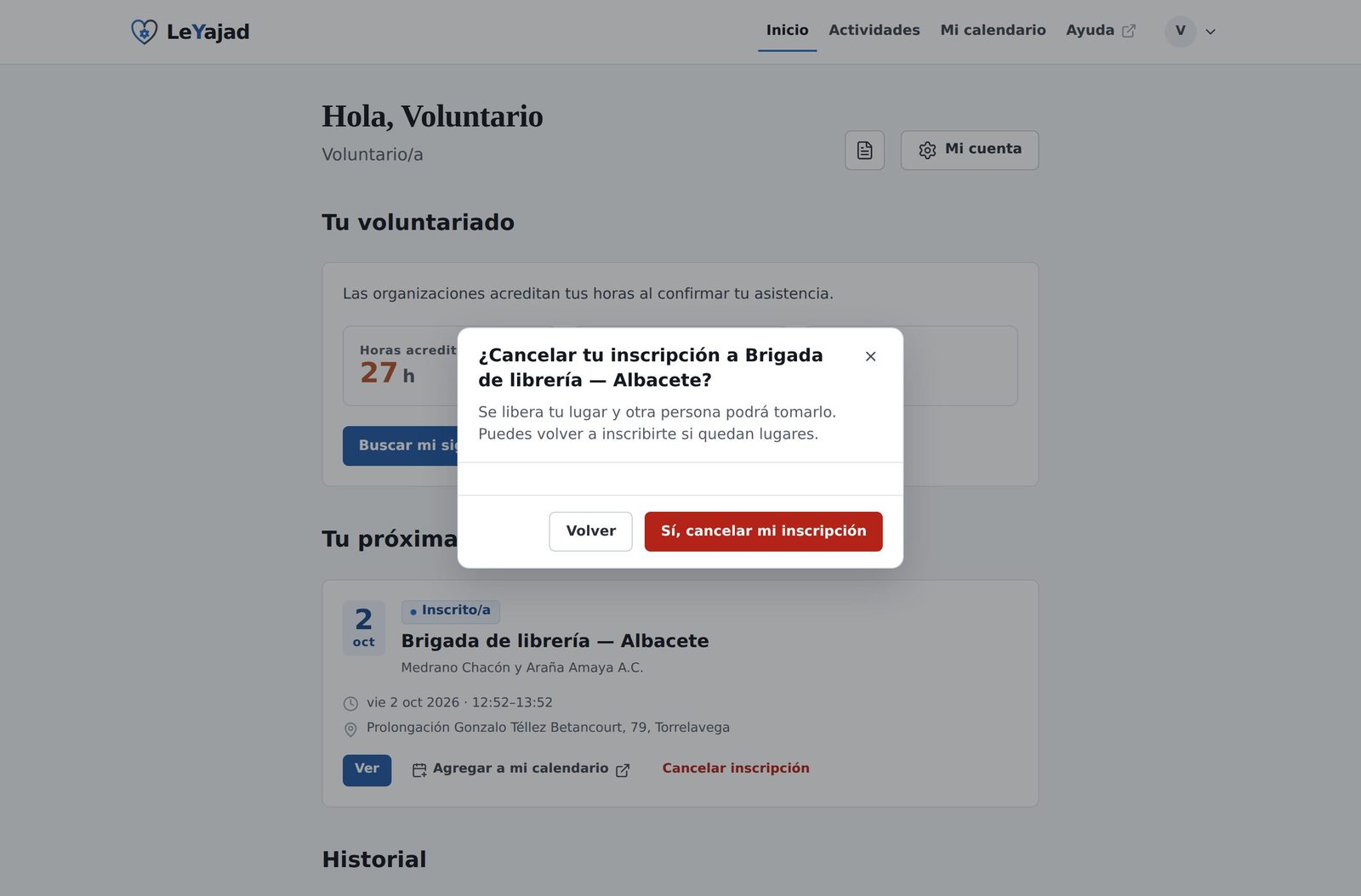 Diálogo: ¿Cancelar tu inscripción? Se libera tu lugar y otra persona podrá tomarlo. Botones Volver y Sí, cancelar mi inscripción.
