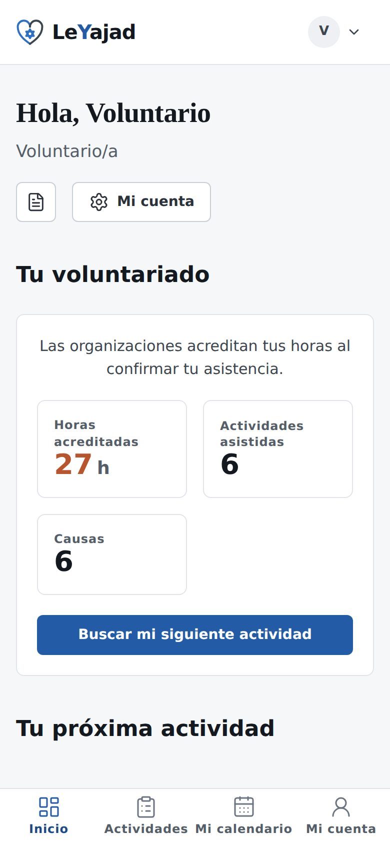 Panel del voluntario en un teléfono, con las cifras apiladas y una barra inferior de navegación.
