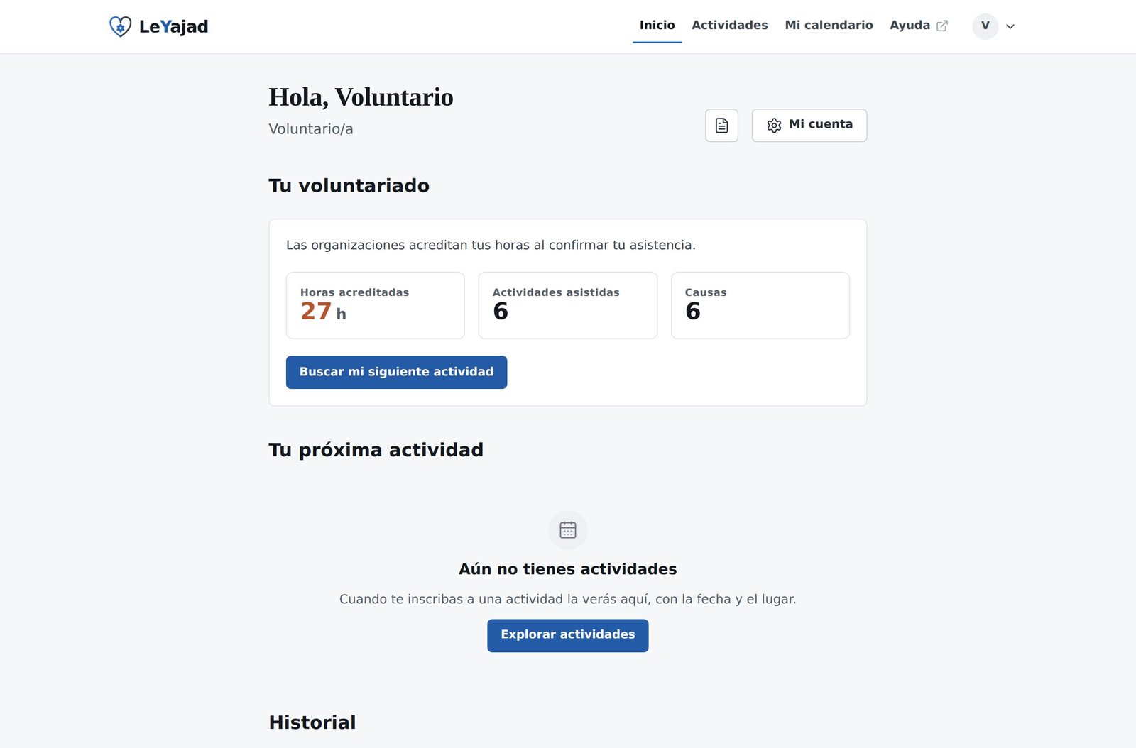 Panel del voluntario con el saludo, las tres cifras de resumen y la primera tarjeta de próxima actividad marcada como inscrito.