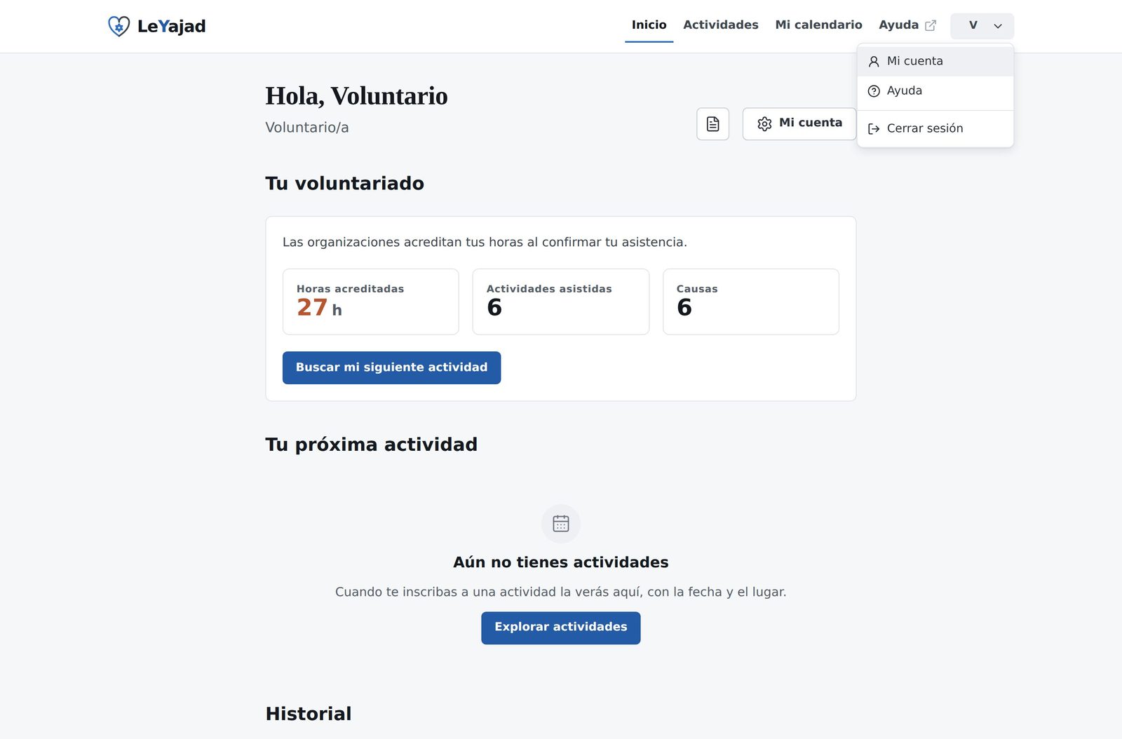Menú abierto del avatar con las opciones Mi cuenta, Ayuda y Cerrar sesión.